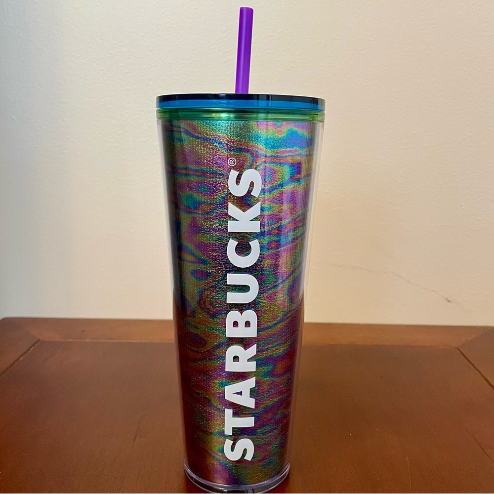 NEW STARBUCKS OIL SLICK RAINBOW METALLIC COLD CUP STRAW Travel Tumbler 24 oz